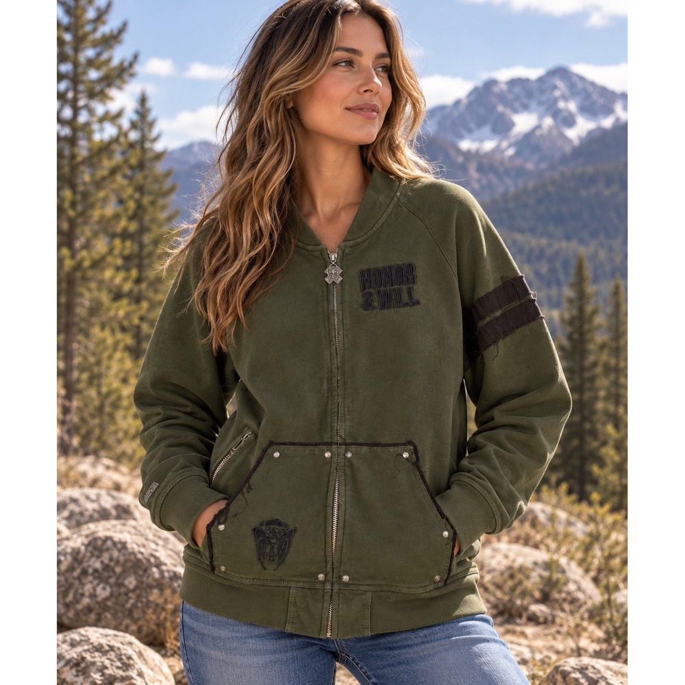 Y2K Blac Label Full Zip Jacket 2X Olive Green Embroidered Cross Distressed Moto